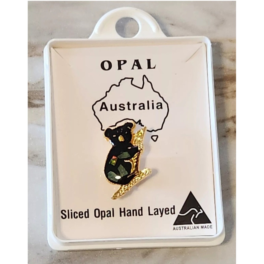 NIB Australian Sliced Hand‎ Layed Opal Koala Bear Gold Tone Enamel Pin Brooch